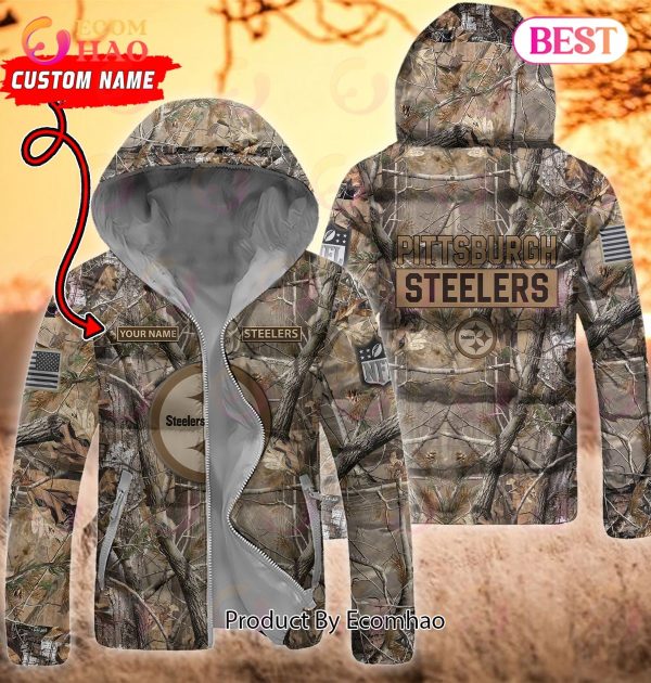 Custom Name NFL Pittsburgh Steelers Personalized Hunting Camo Full Zip Puffer Jacket