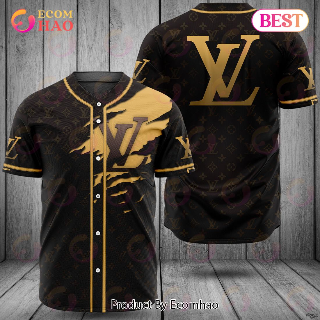 Louis Vuitton Black Gold Printing Logo Luxury Brand Jersey Limited Edition
