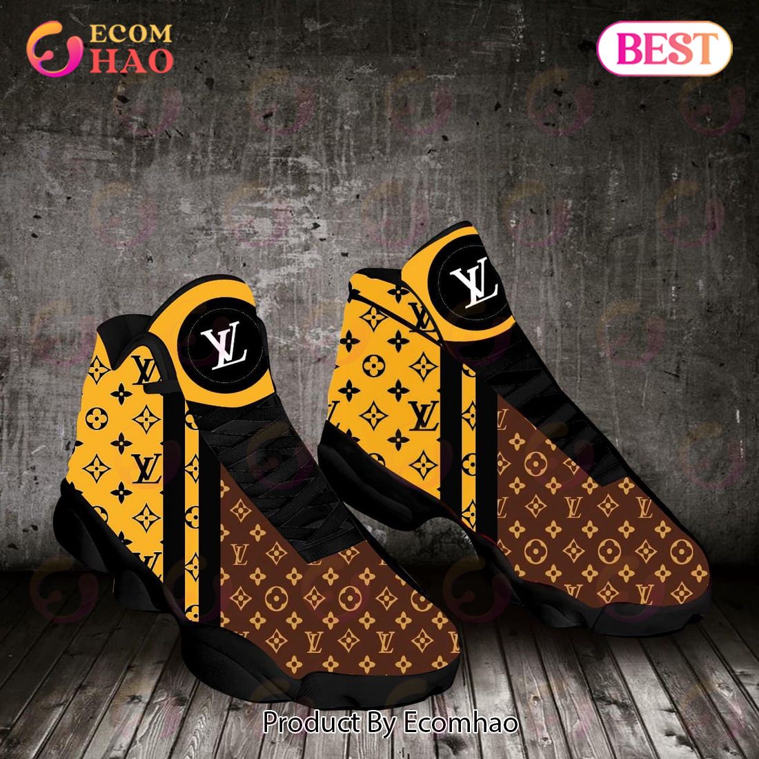 Louis Vuitton Air Jordan 13 Black Gold Brown LV Shoes, Sneakers
