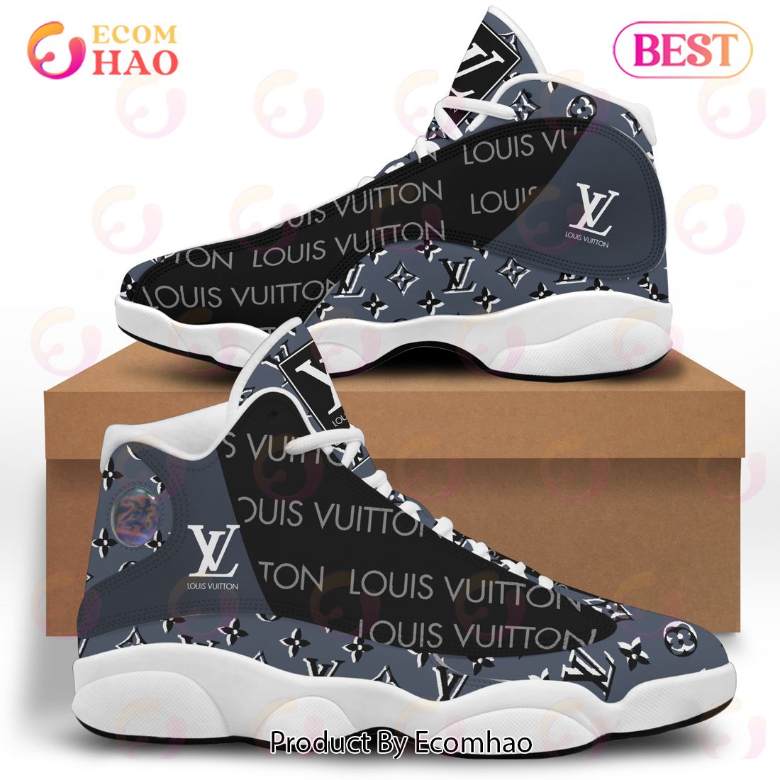 Louis Vuitton Air Jordan 13 Black Grey White LV Shoes, Sneakers