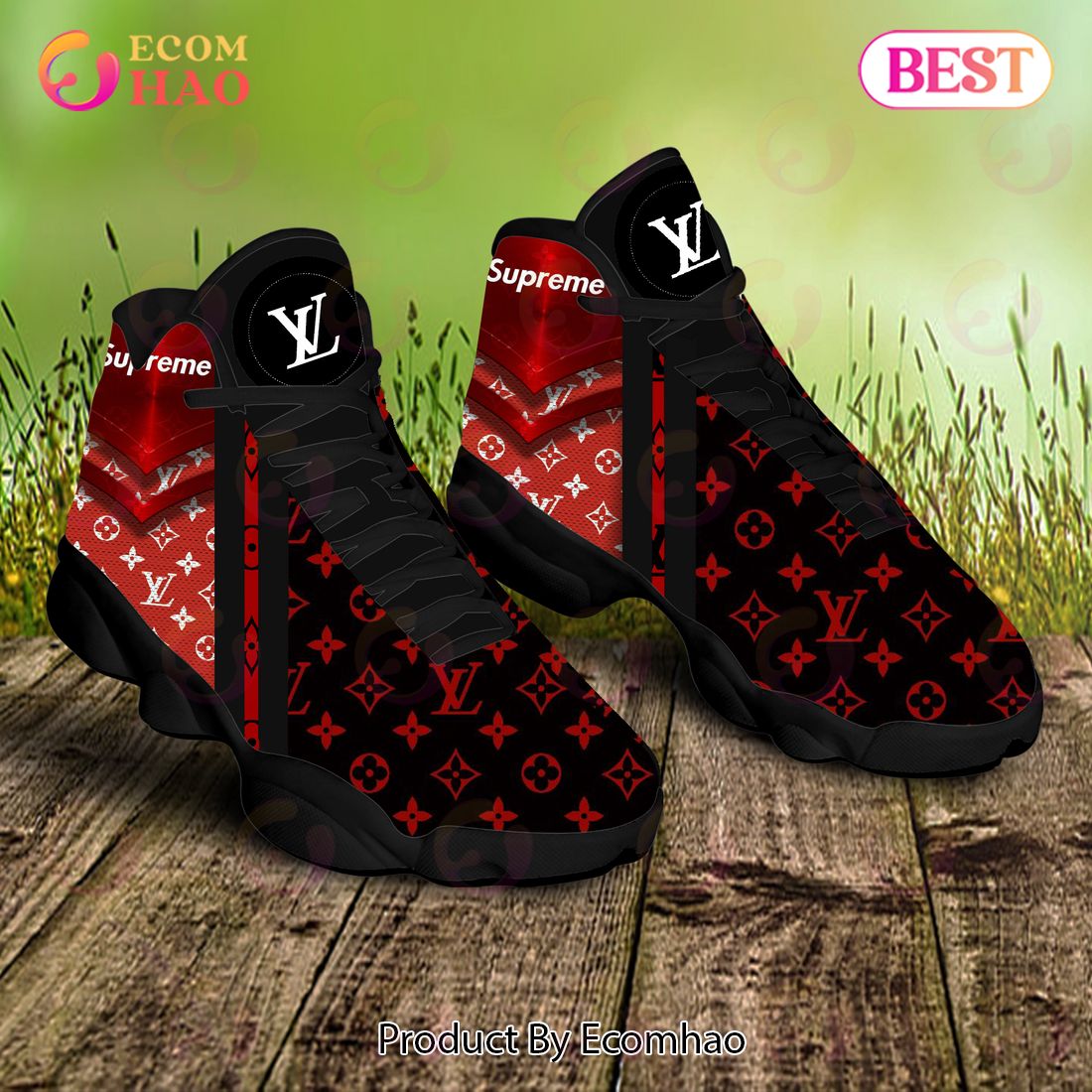 Louis Vuitton Air Jordan 13 Supreme Black Red LV Shoes, Sneakers