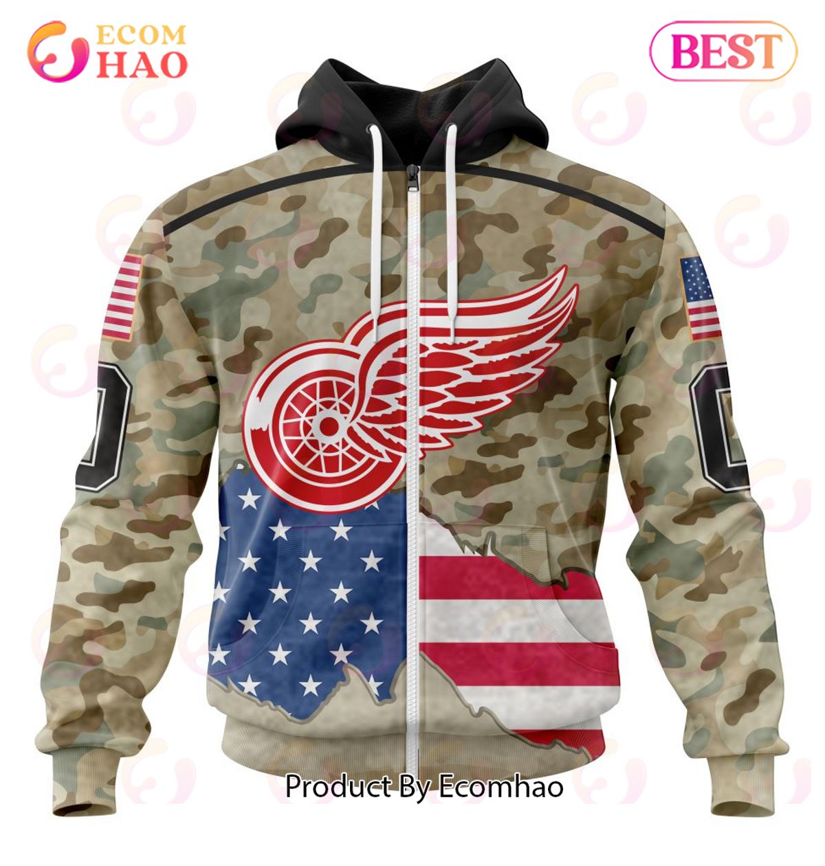 NHL Detroit Red Wings Specialized Kits For United State With Camo Color 3D Hoodie