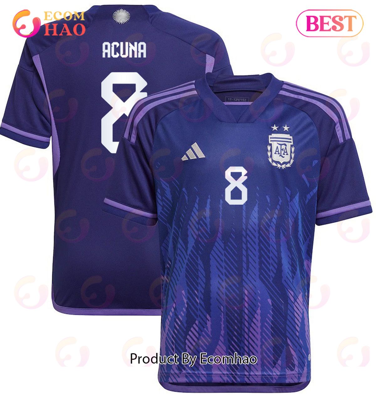 Argentina 2022 23 Qatar World Cup Marcos Acunaa #8 Away Youth Jersey Dark Blue, Light Purple