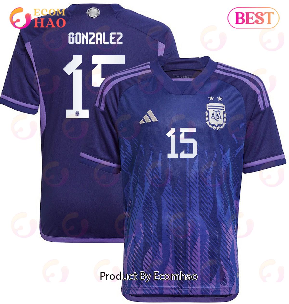 Argentina 2022 23 Qatar World Cup Nicolas Gonzalez #15 Away Youth Jersey Dark Blue, Light Purple