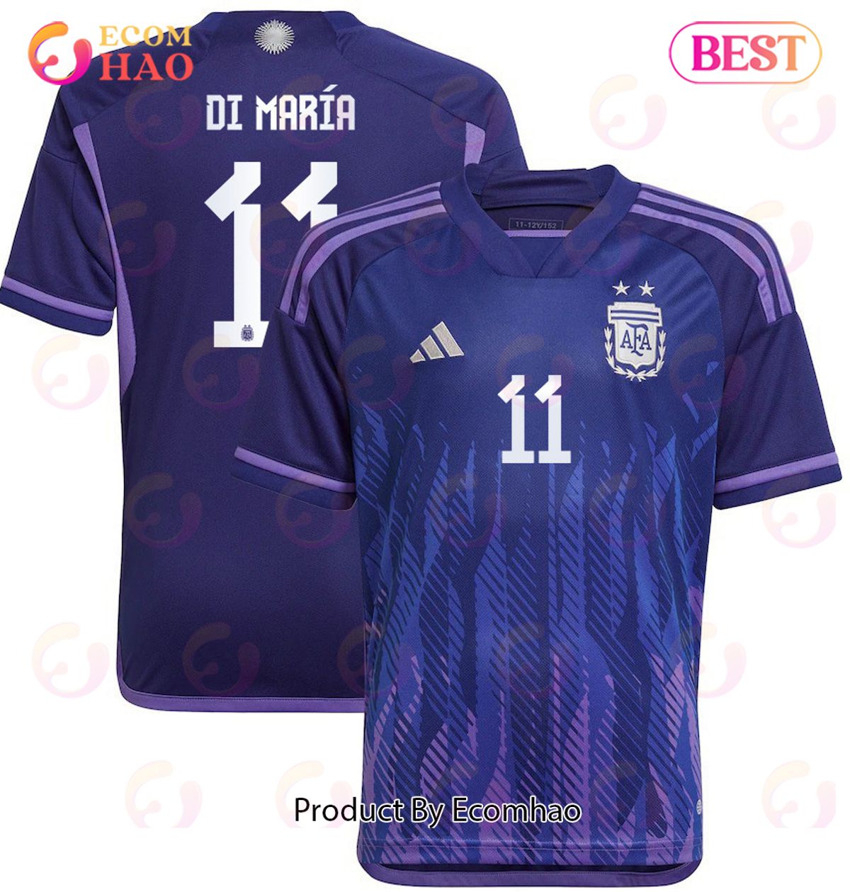 Argentina National Team 2022 23 Qatar World Cup AAngel Di Mariaa #11 Away Youth Jersey Dark Blue, Light Purple