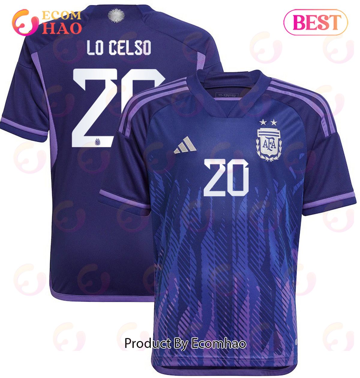 Argentina National Team 2022 23 Qatar World Cup Giovani Lo Celso #20 Away Youth Jersey Dark Blue, Light Purple