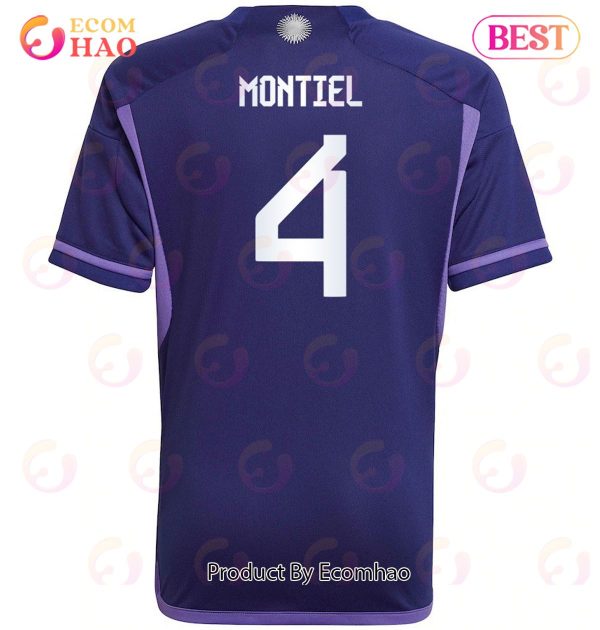 Argentina National Team 2022 23 Qatar World Cup Gonzalo Montiel #4 Away Youth Jersey Dark Blue, Light Purple