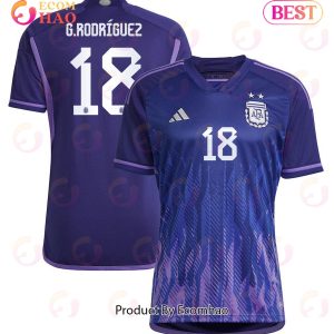 Argentina National Team 2022 23 Qatar World Cup Guido Rodriguez #18 Away Women Jersey Dark Blue, Light Purple Argentina National Team 2022 23 Qatar World Cup Guido Rodriguez #18 Away Women Jersey Dark Blue, Light Purple