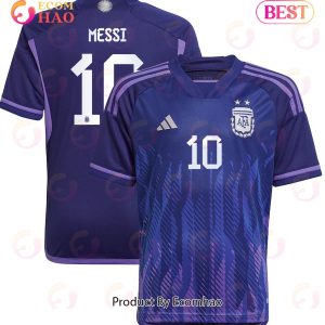 Argentina National Team 2022 23 Qatar World Cup Lionel Messi #10 Away Youth Jersey Dark Blue, Light Purple