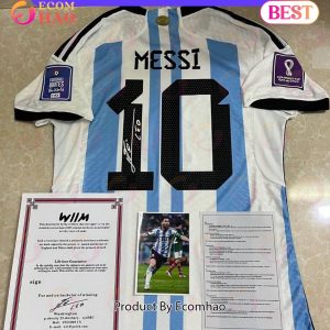 Argentina National Team 2022 23 Qatar World Cup Lionel Messi #10 White Home Men signed jerseys, messi’s signature