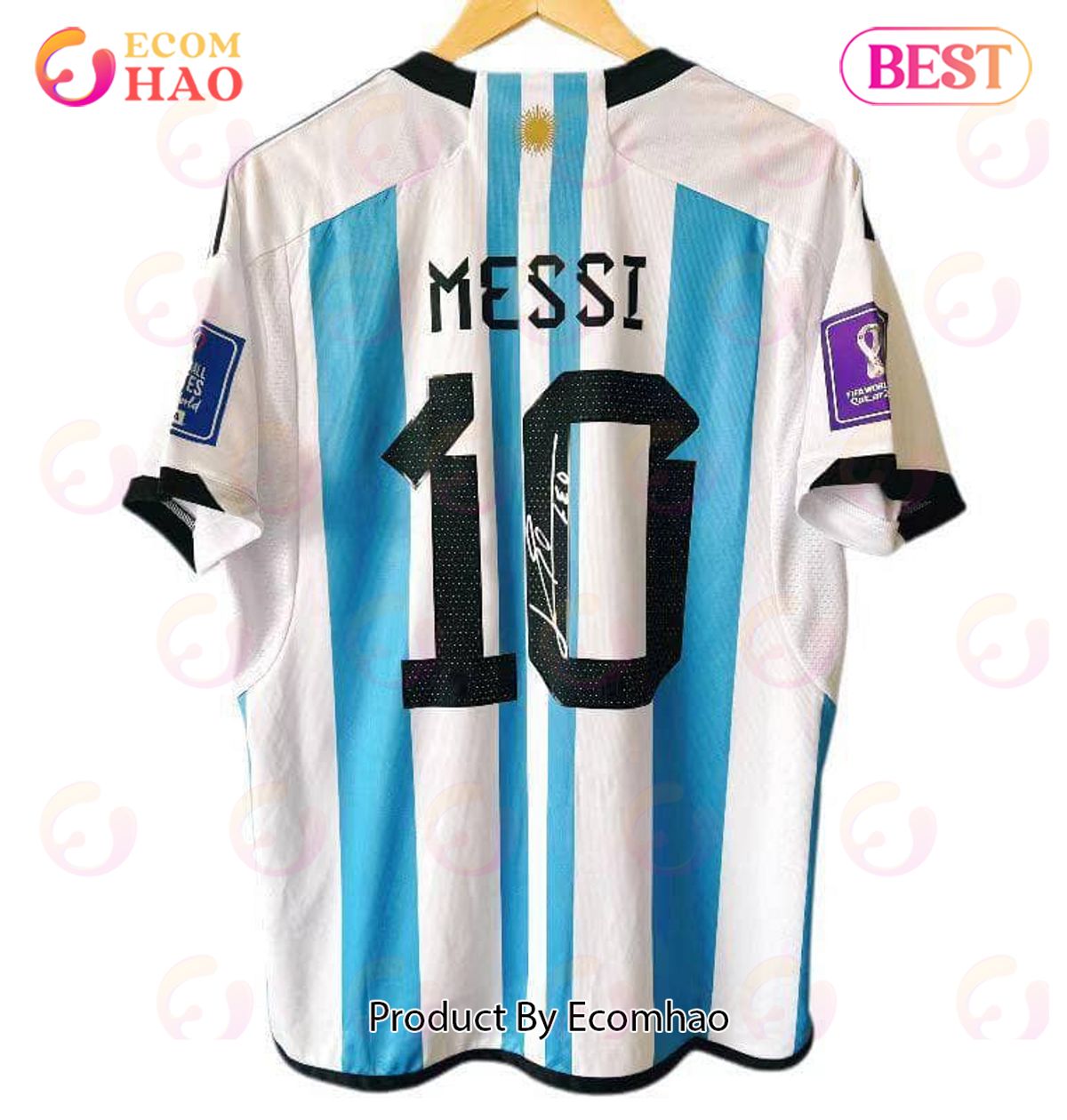 Argentina National Team 2022 23 Qatar World Cup Lionel Messi #10 White Home Men signed jerseys, messi’s signature