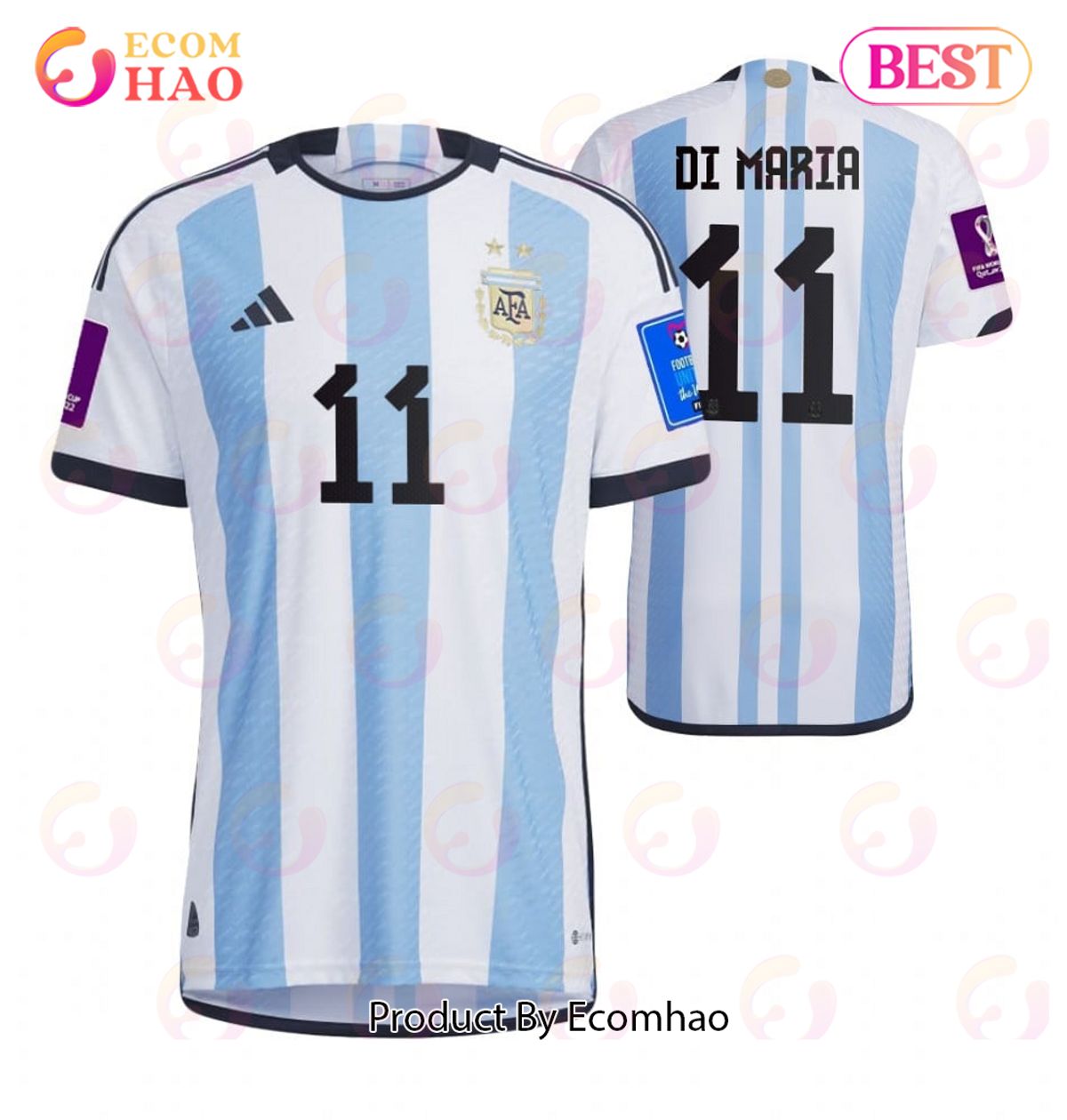 Argentina National Team 2022 23 Qatar World Cup Patch Di Maria #11 Home Men Jersey