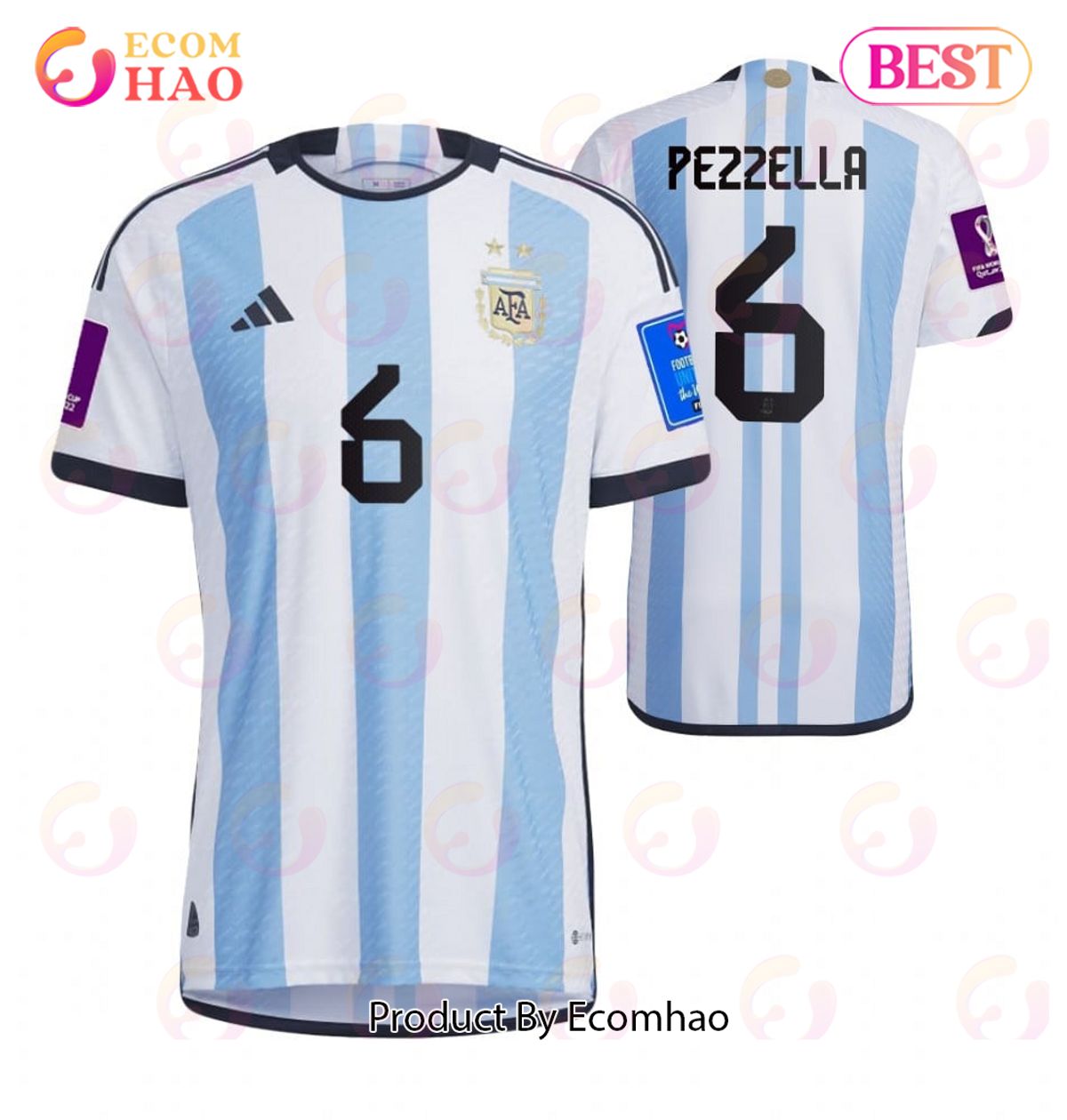 Argentina National Team 2022 23 Qatar World Cup Patch German Pezzella #6 Home Men Jersey