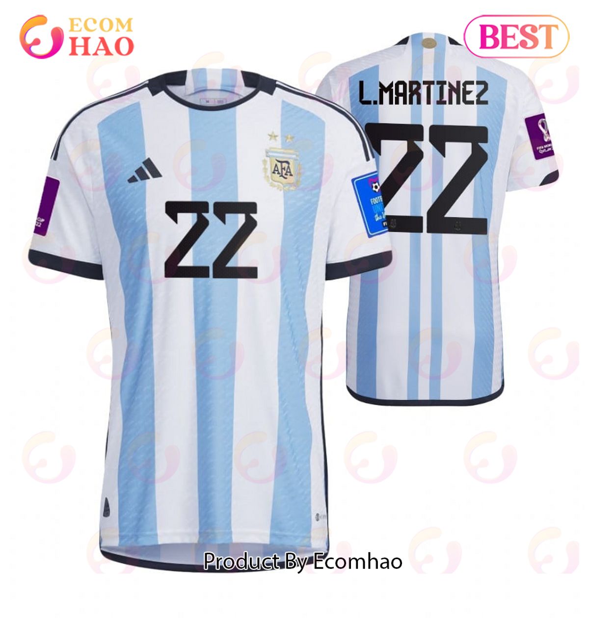 Argentina National Team 2022 23 Qatar World Cup Patch Lautaro Martinez #22 Home Men Jersey