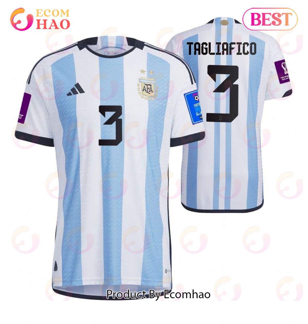 Argentina National Team 2022 23 Qatar World Cup Patch Nicolas Tagliafico #3 Home Men Jersey