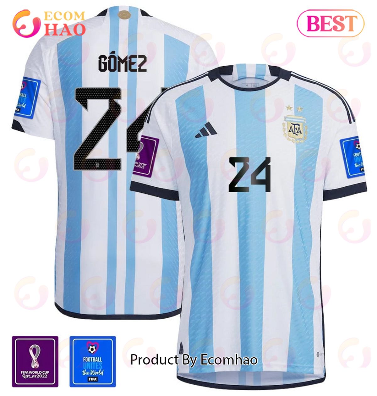 Argentina National Team FIFA World Cup Qatar 2022 Patch Alejandro Gomez #24 Home Men Jersey