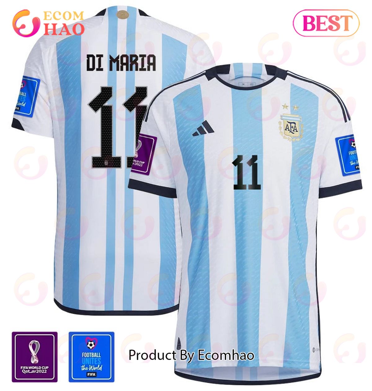 Argentina National Team FIFA World Cup Qatar 2022 Patch Angel Di Maria #11 Home Men Jersey