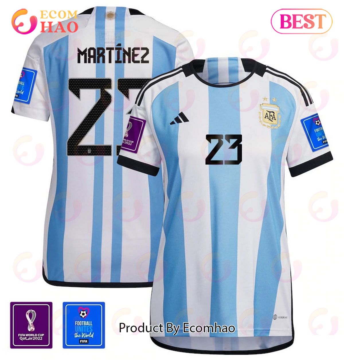 Argentina National Team FIFA World Cup Qatar 2022 Patch Emiliano Martinez #23 Home Women Jersey