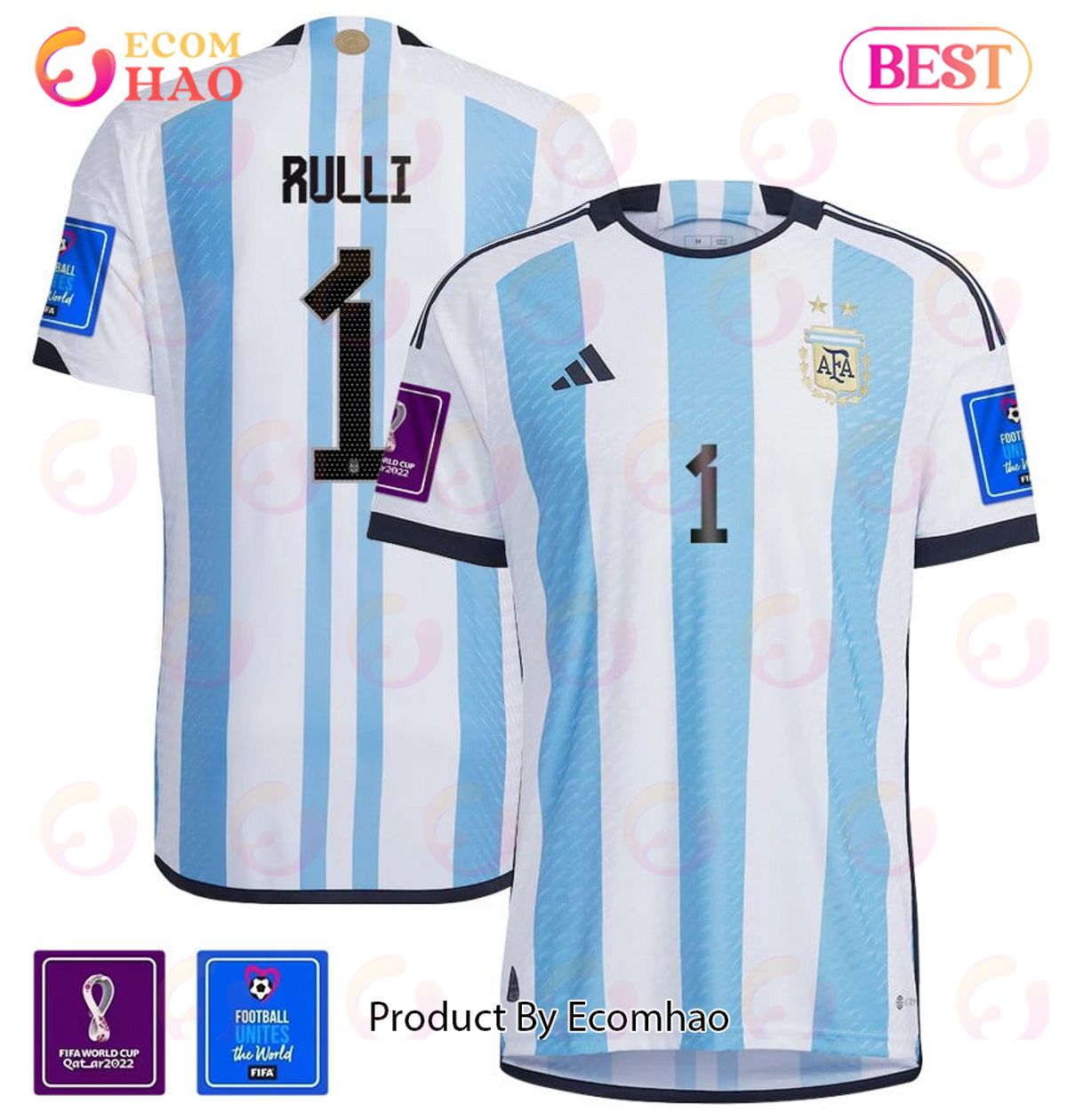 Argentina National Team FIFA World Cup Qatar 2022 Patch Geronimo Rulli #1 Home Men Jersey