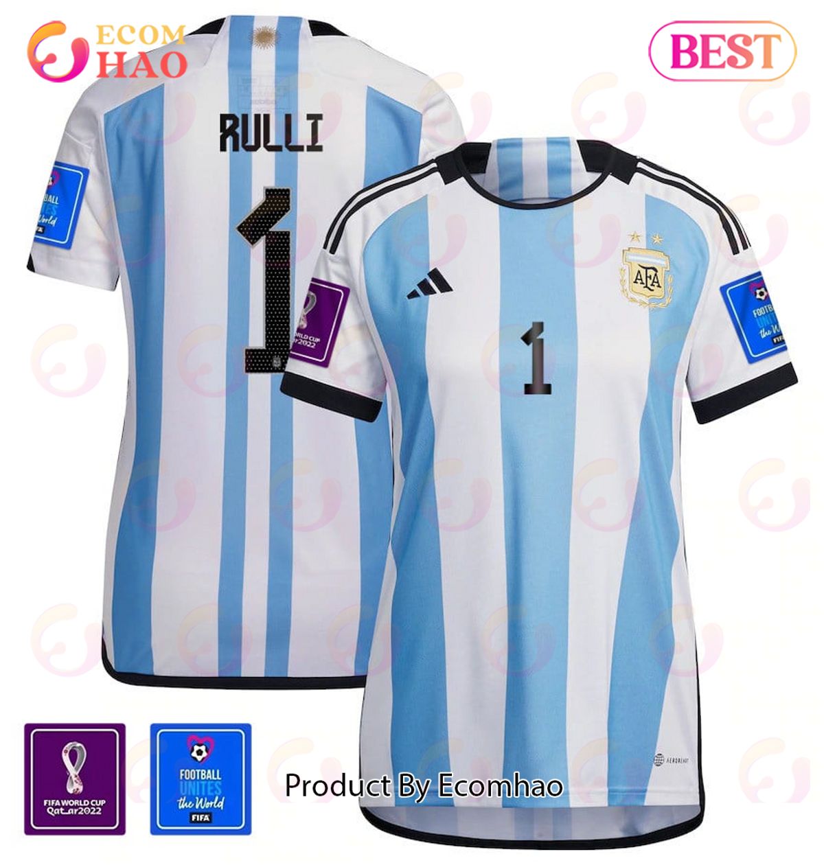 Argentina National Team FIFA World Cup Qatar 2022 Patch Geronimo Rulli #1 Home Women Jersey