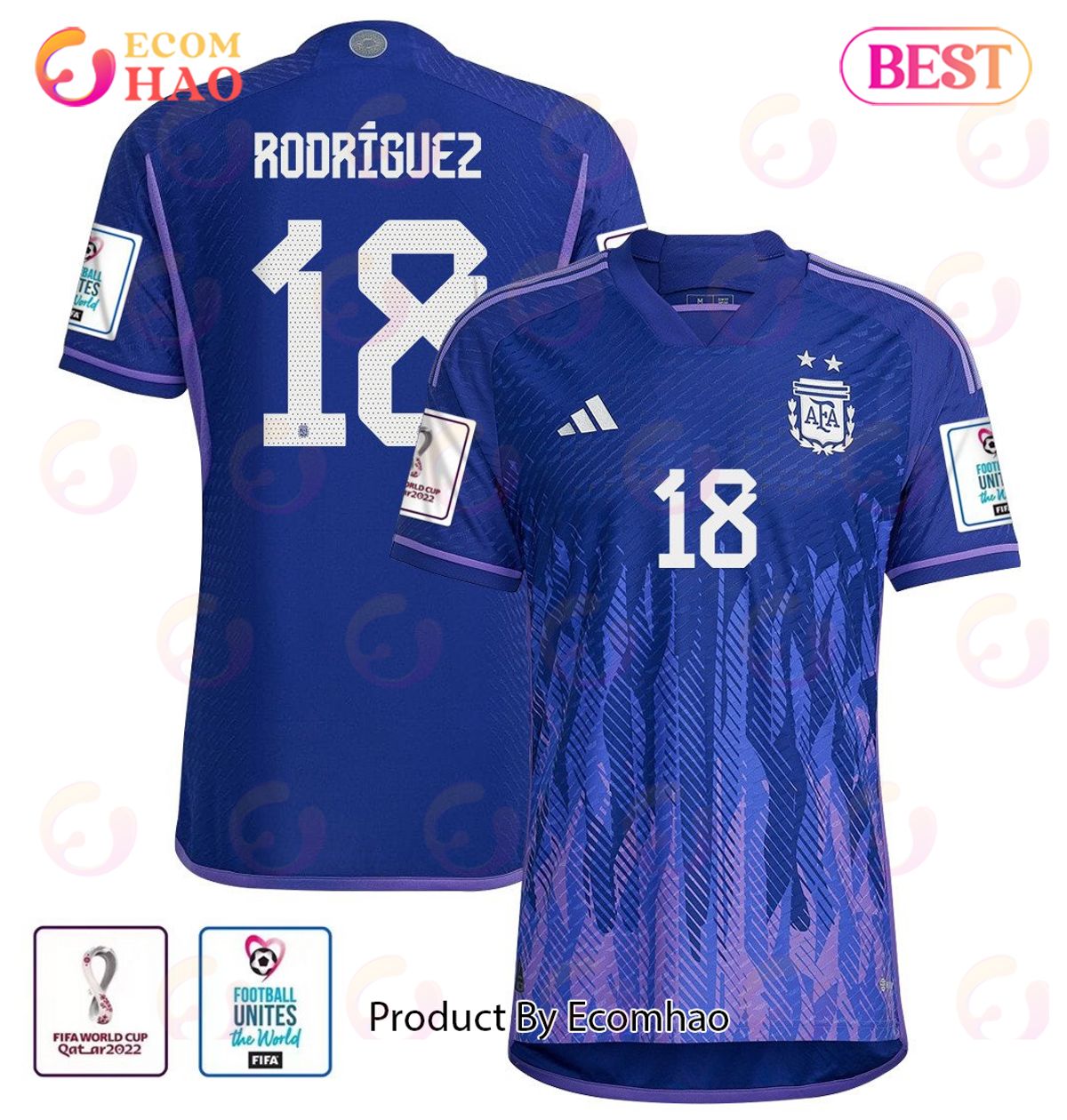 Argentina National Team FIFA World Cup Qatar 2022 Patch Guido Rodriguez #18 Away Men Jersey