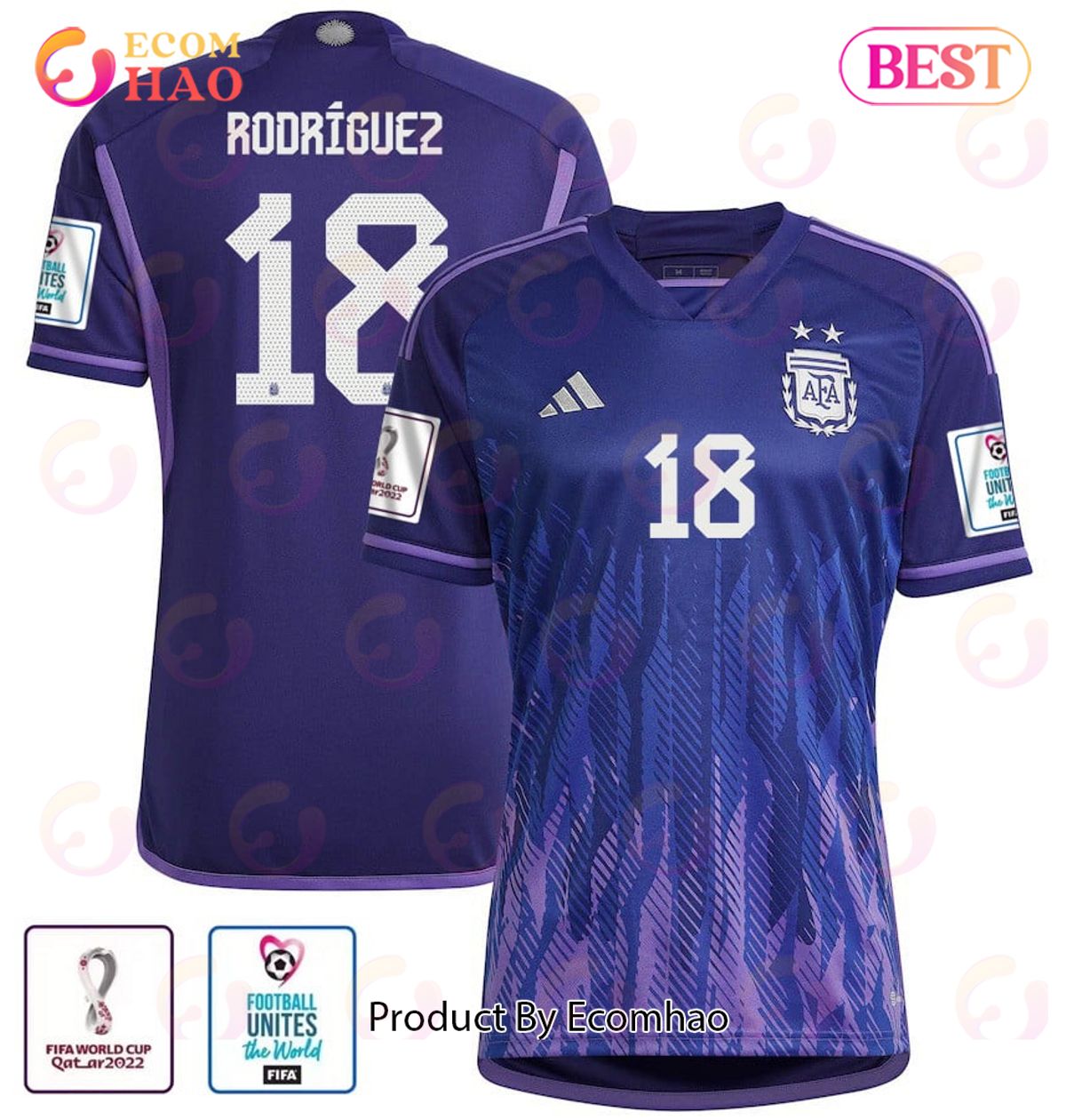 Argentina National Team FIFA World Cup Qatar 2022 Patch Guido Rodriguez #18 Away Women Jersey