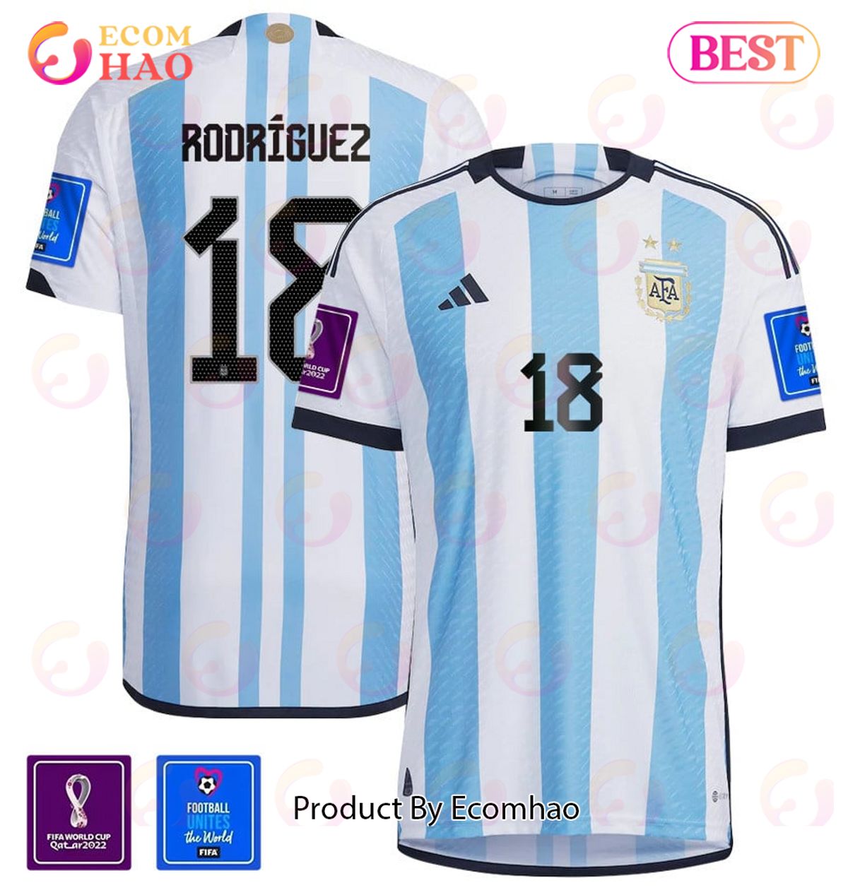 Argentina National Team FIFA World Cup Qatar 2022 Patch Guido Rodriguez #18 Home Men Jersey