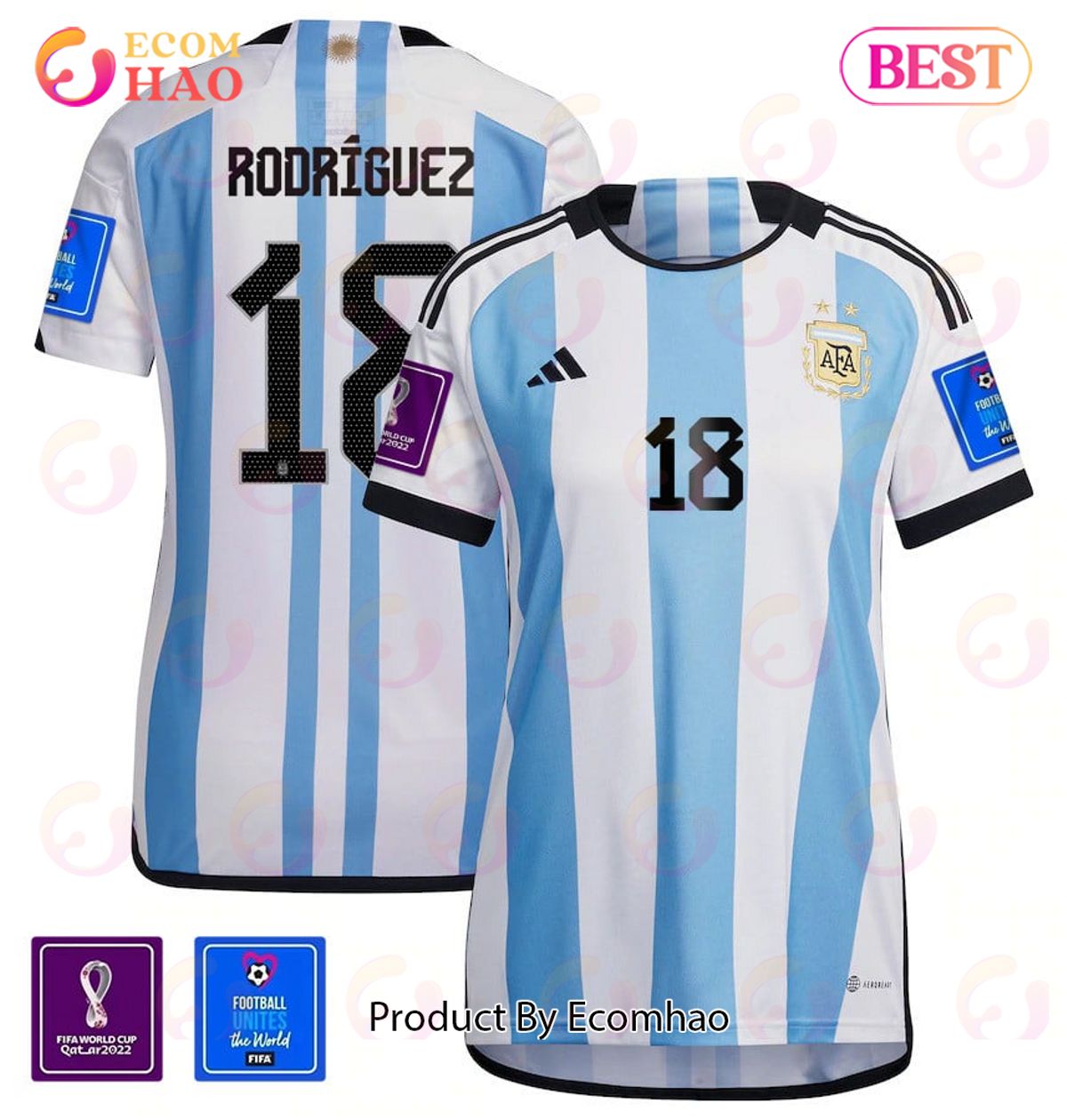 Argentina National Team FIFA World Cup Qatar 2022 Patch Guido Rodriguez #18 Home Women Jersey