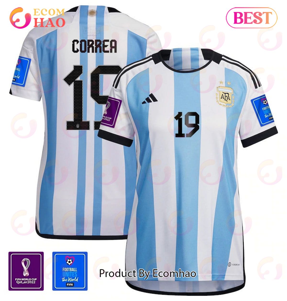 Argentina National Team FIFA World Cup Qatar 2022 Patch Joaquin Correa #19 Home Women Jersey