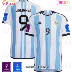 Argentina National Team FIFA World Cup Qatar 2022 Patch Julian Alvarez #9 Home Men Jersey