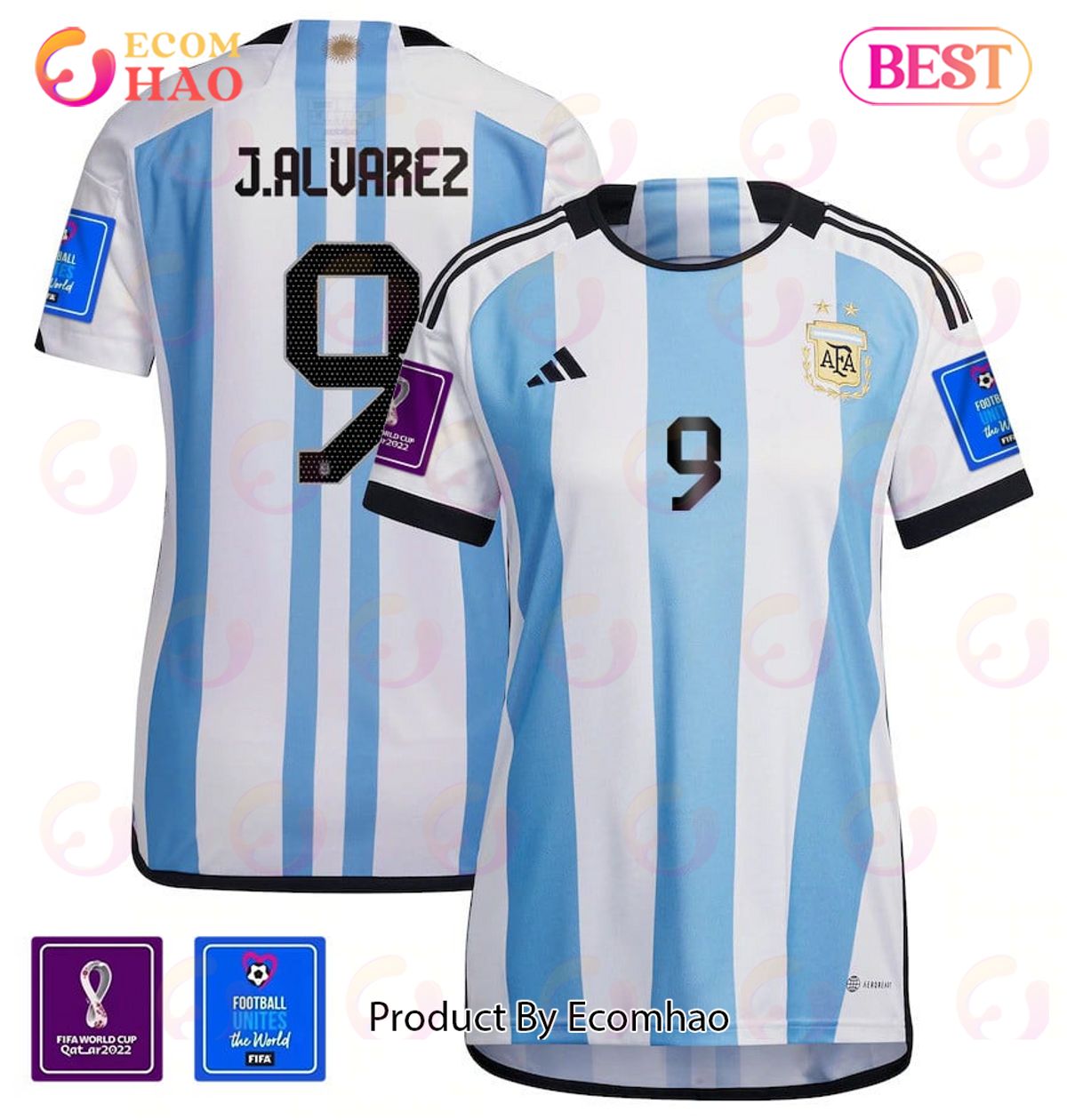 Argentina National Team FIFA World Cup Qatar 2022 Patch Julian Alvarez #9 Home Women Jersey