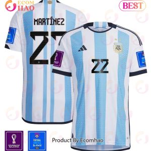 Argentina National Team FIFA World Cup Qatar 2022 Patch Lautaro Martinez #22 Home Men Jersey
