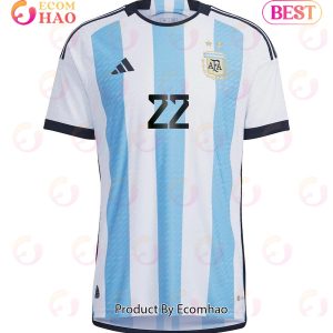 Argentina National Team FIFA World Cup Qatar 2022 Patch Lautaro Martinez #22 Home Men Jersey