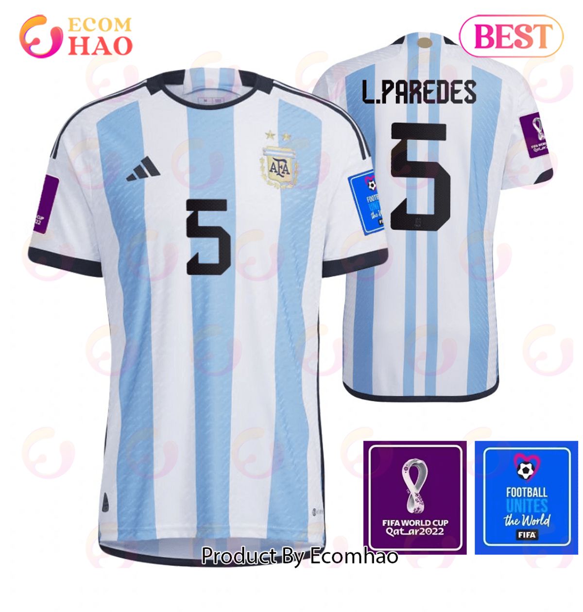 Argentina National Team FIFA World Cup Qatar 2022 Patch Leandro Paredes #5 Home Men Jersey