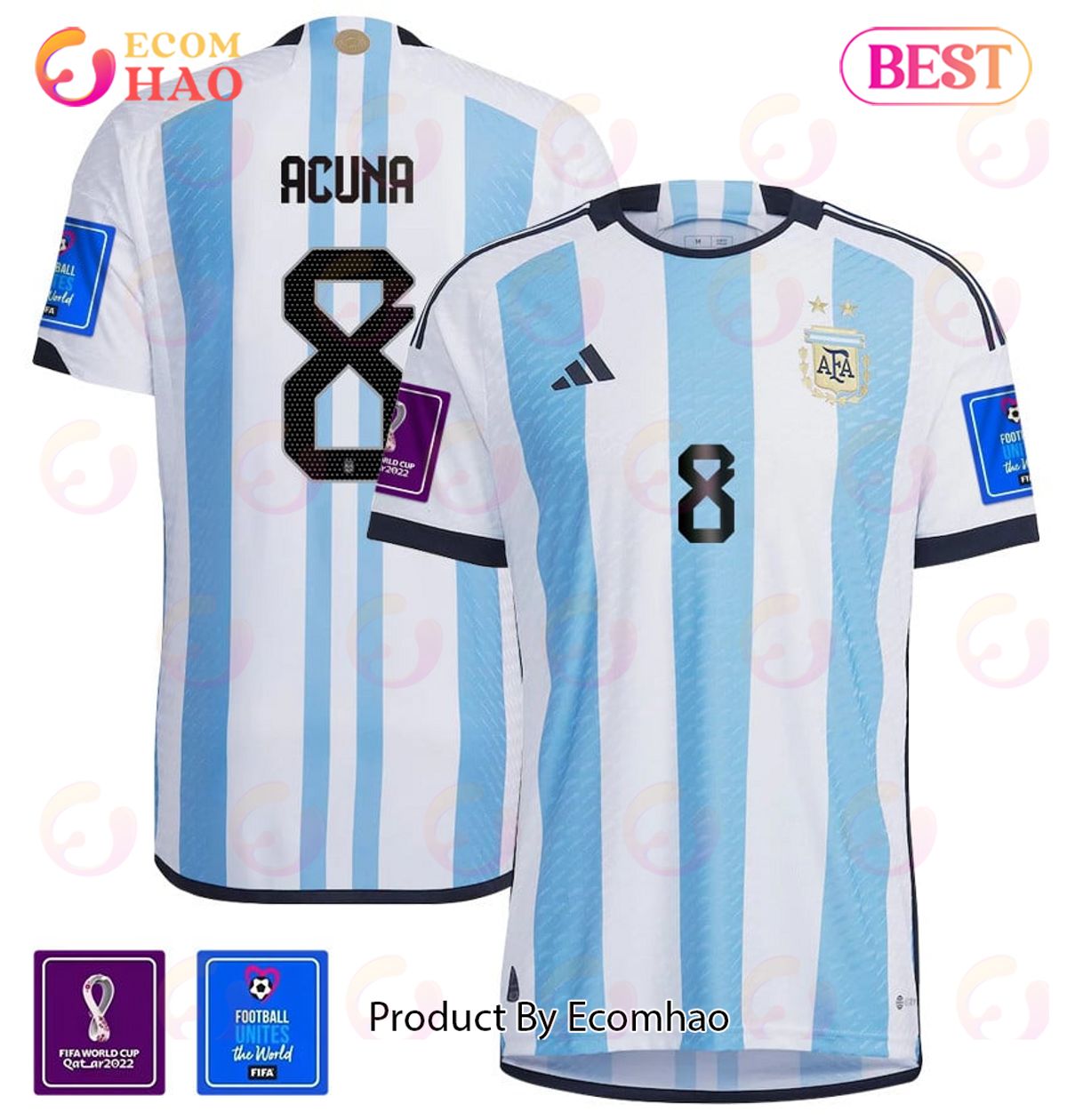 Argentina National Team FIFA World Cup Qatar 2022 Patch Marcos Acuna #8 Home Men Jersey