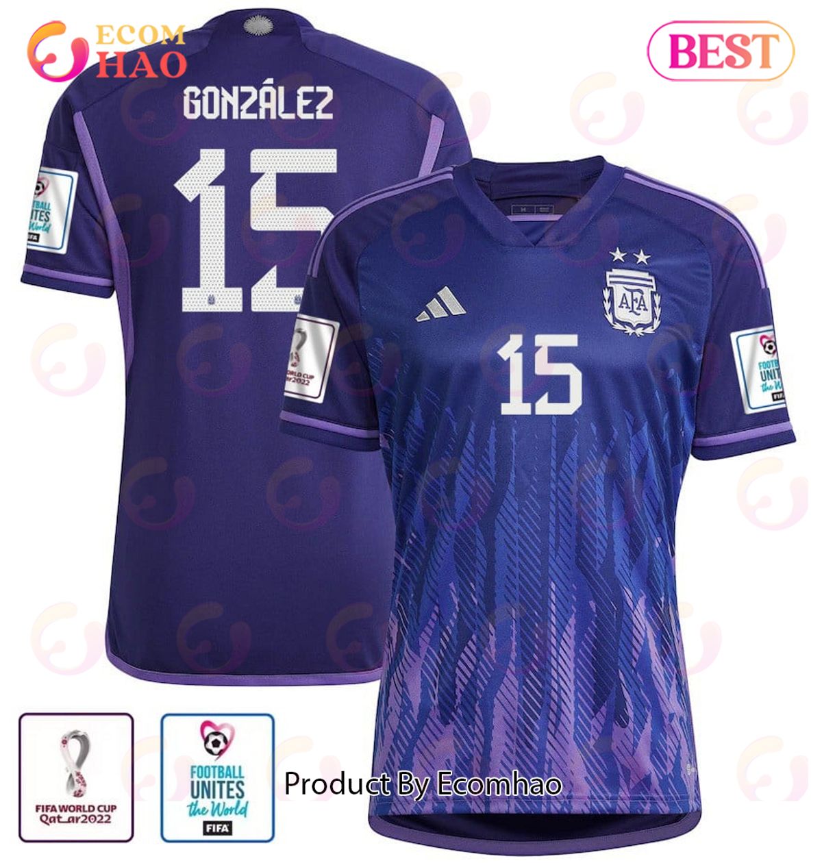 Argentina National Team FIFA World Cup Qatar 2022 Patch Nicolas Gonzalez #15 Away Women Jersey