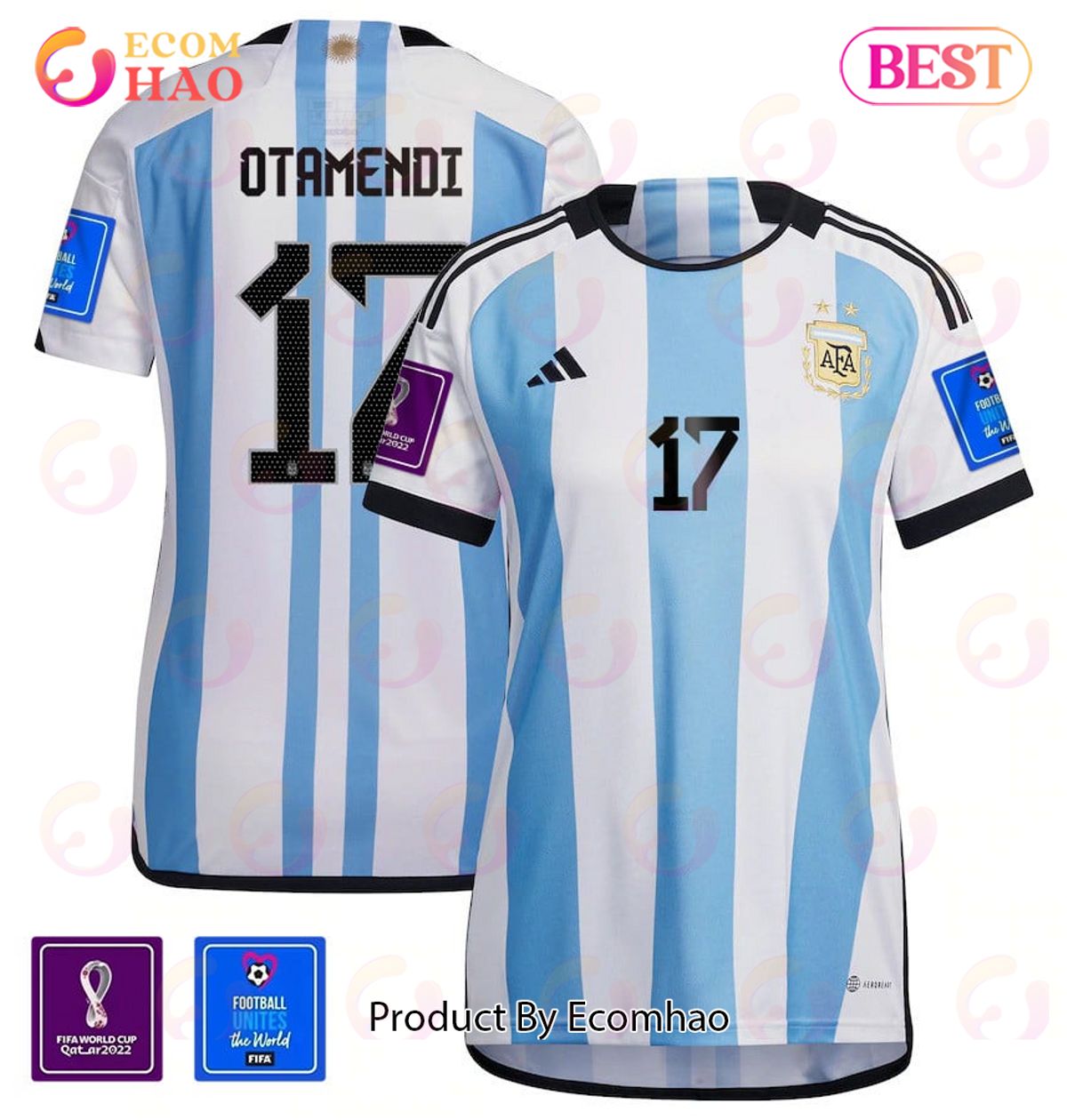 Argentina National Team FIFA World Cup Qatar 2022 Patch Nicolas Otamendi #17 Home Women Jersey