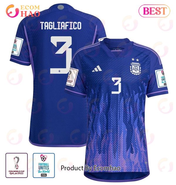 Argentina National Team FIFA World Cup Qatar 2022 Patch Nicolas Tagliafico #3 Away Men Jersey