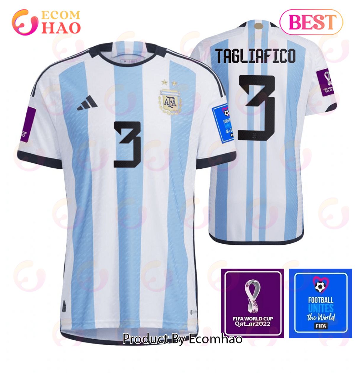 Argentina National Team FIFA World Cup Qatar 2022 Patch Nicolas Tagliafico #3 Home Men Jersey