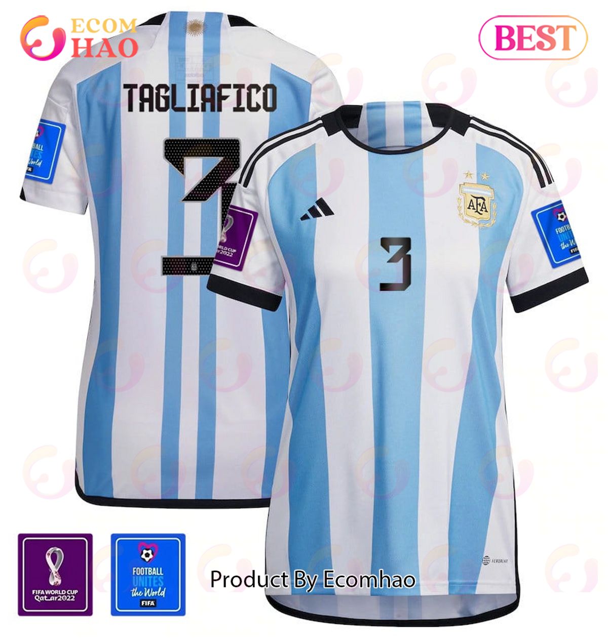 Argentina National Team FIFA World Cup Qatar 2022 Patch Nicolas Tagliafico #3 Home Women Jersey