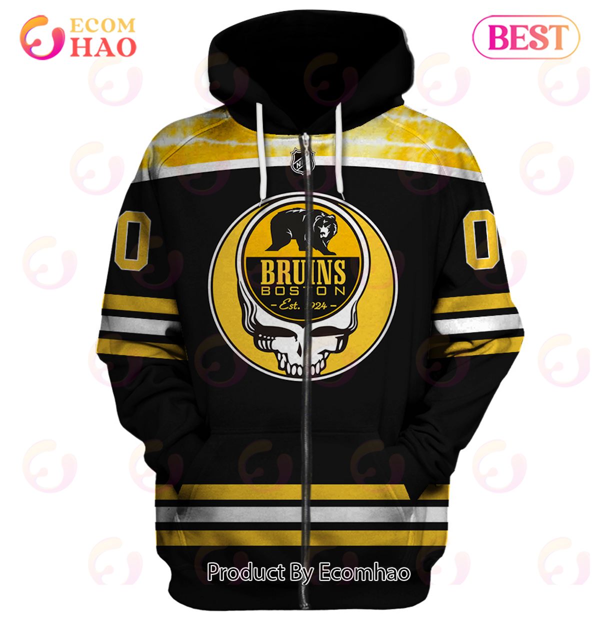 Grateful Dead & Boston Bruins V3 Personalized Name & Number 3D Hoodie