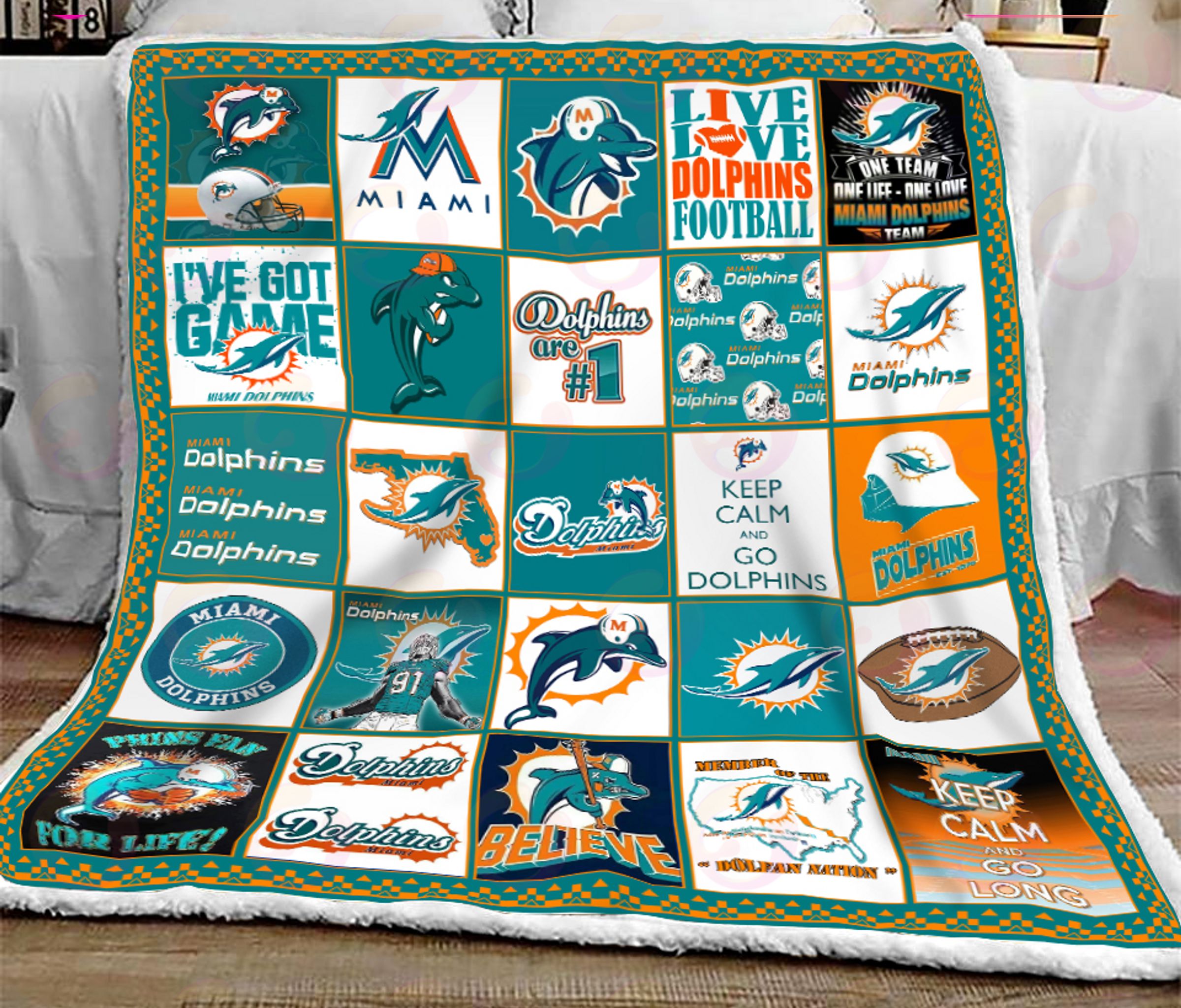 NFL Miami Dolphins Quilt, Fleece Blanket, Sherpa Fleece Blanket