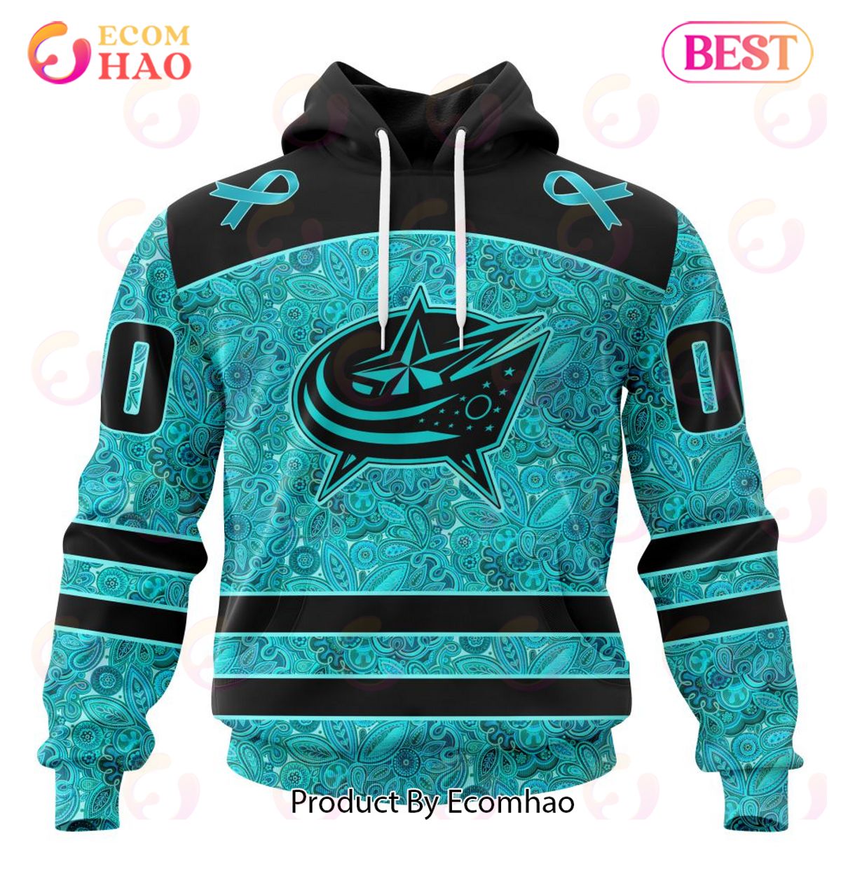 NHL Columbus Blue Jackets Special Design Fight Ovarian Cancer 3D Hoodie