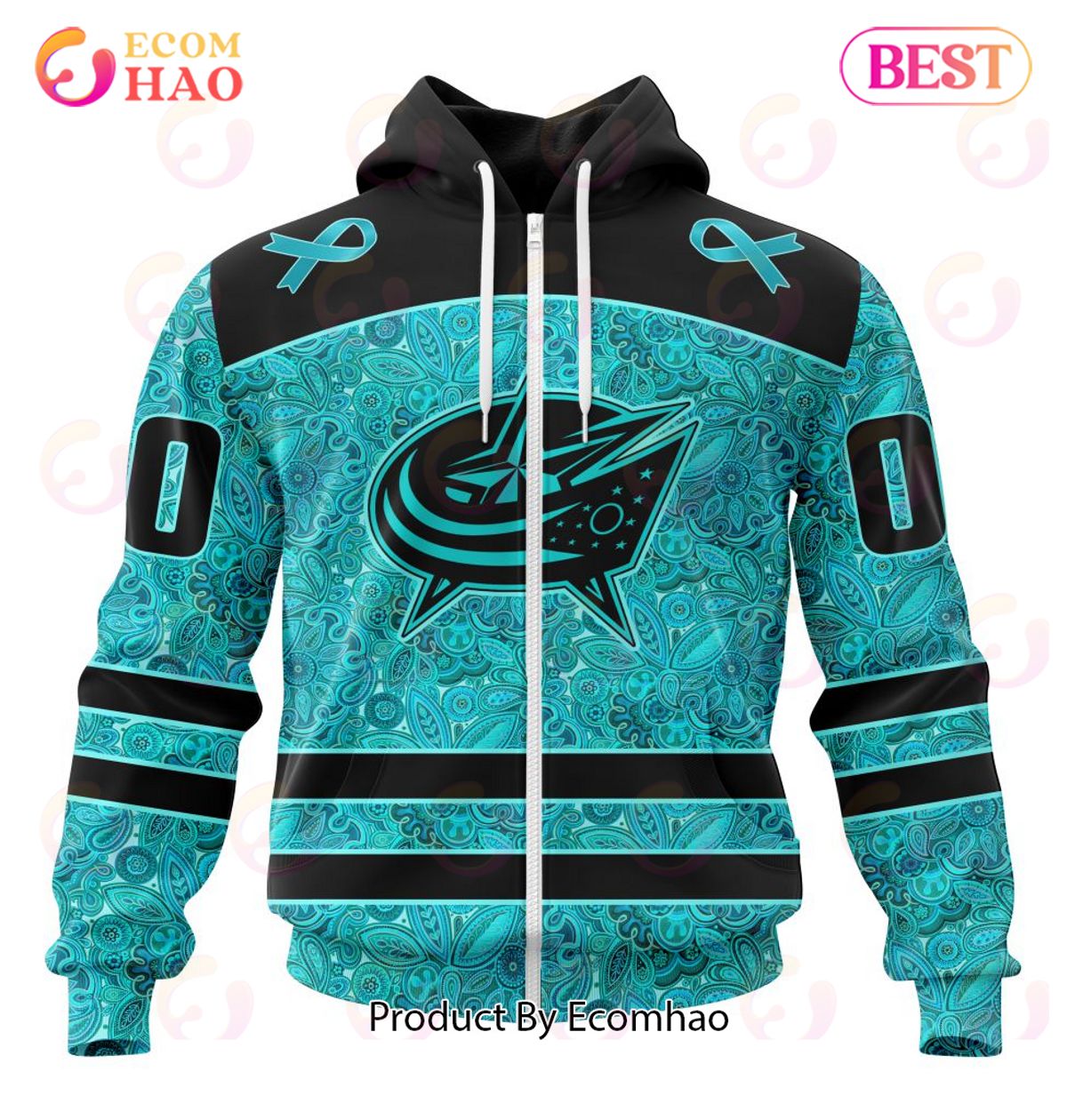 NHL Columbus Blue Jackets Special Design Fight Ovarian Cancer 3D Hoodie