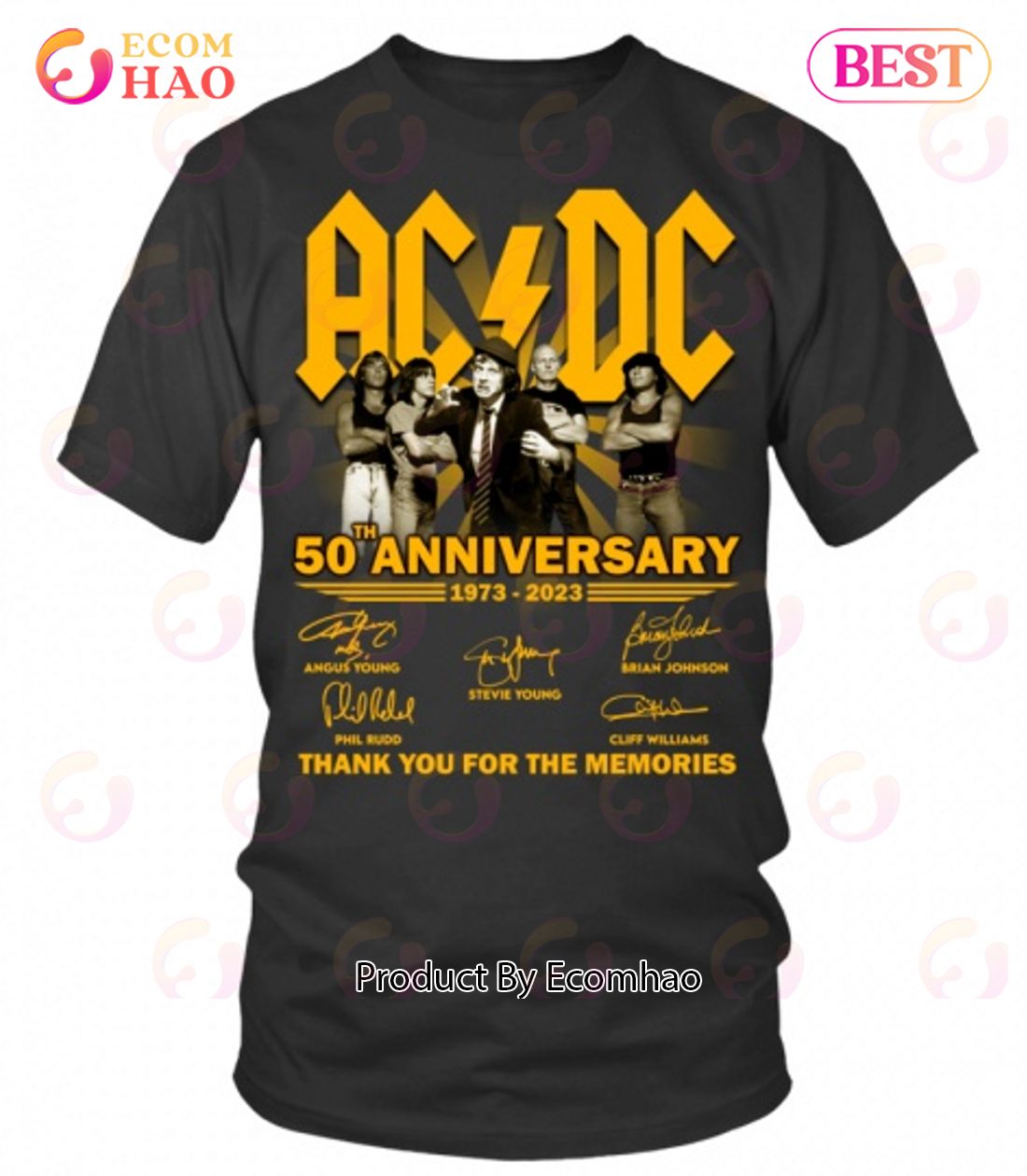 ACDC 50th Anniversary 1973 – 2023 Thank You For The Memories Yellow Tone T-Shirt