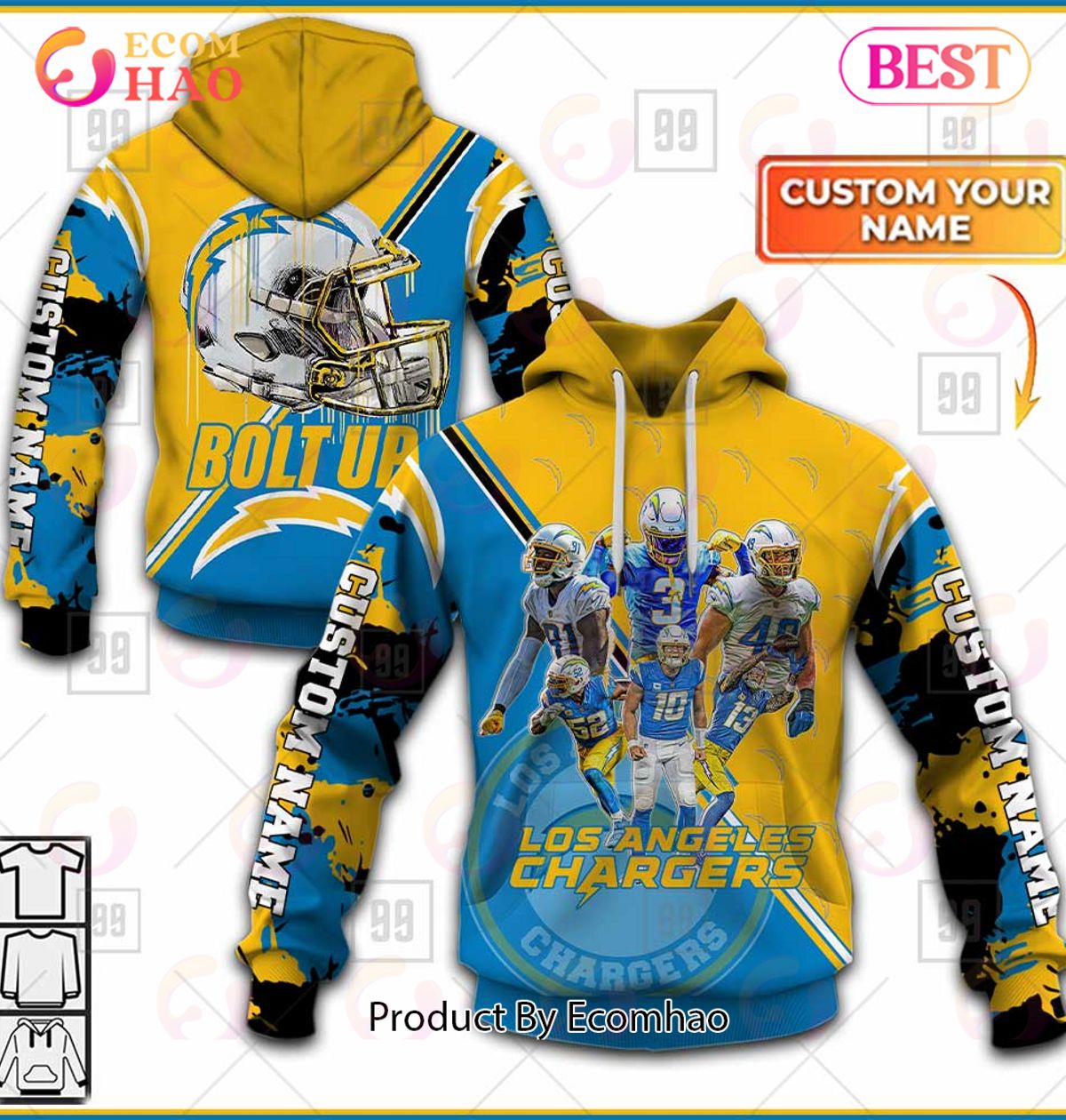 Personalized NFL Los Angeles Chargers 2023 Bolt Up 3D Hoodie