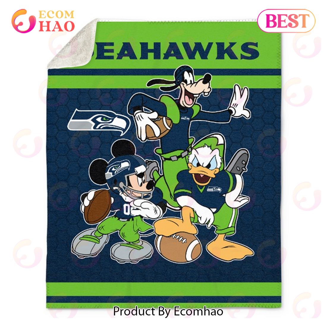 NFL Seattle Seahawks Disney Mickey Mouse Quilt, Fleece Blanket, Sherpa Fleece Blanket