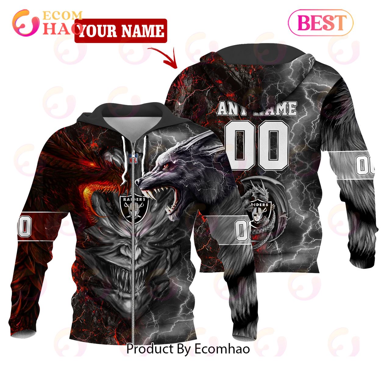 NFL Las Vegas Raiders Logo Flame Pattern 3D Hoodie Pullover Print Custom  Name - Freedomdesign