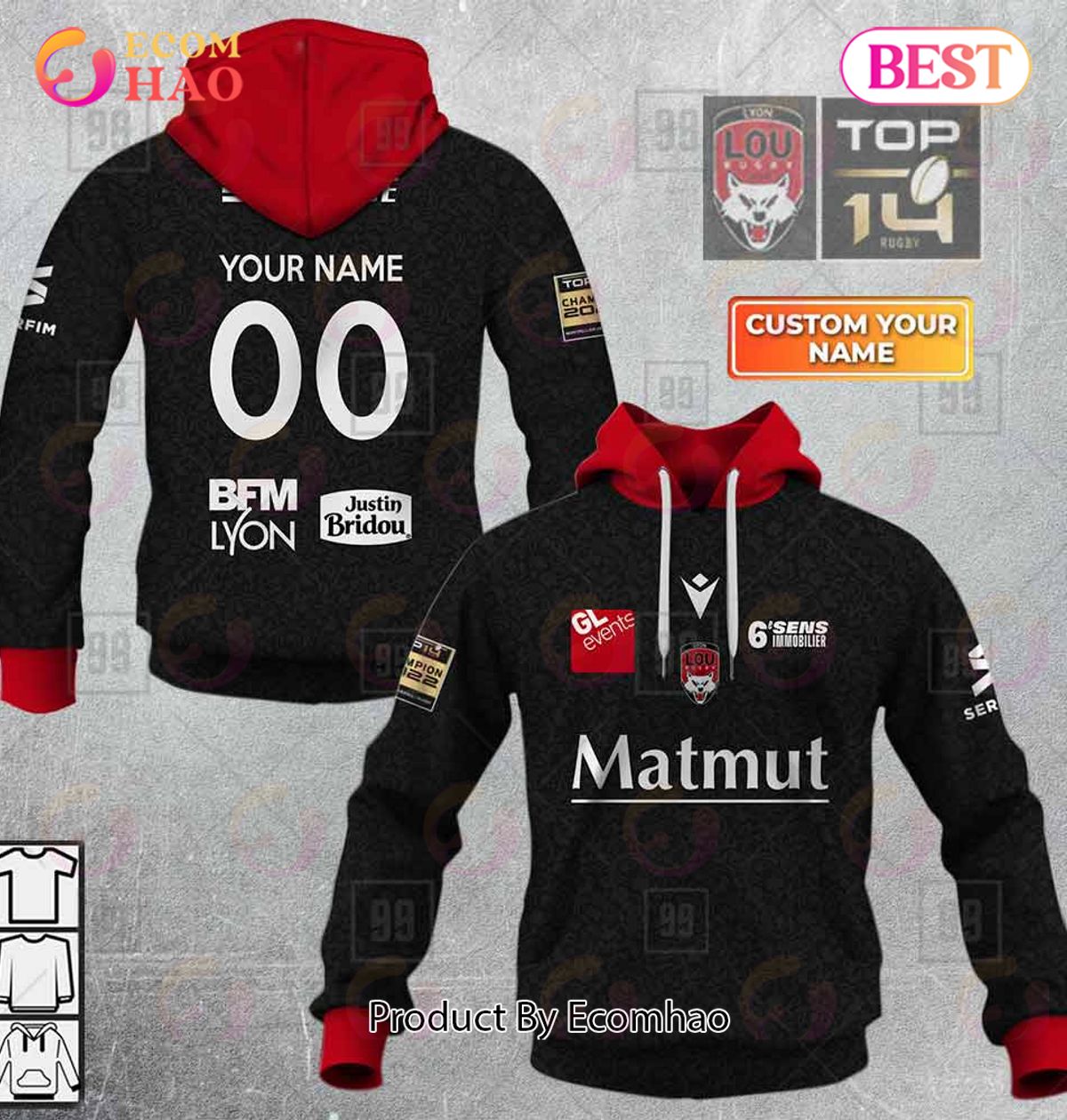 Personalized Top14 Lyon LOU Rugby 2223 3D Hoodie