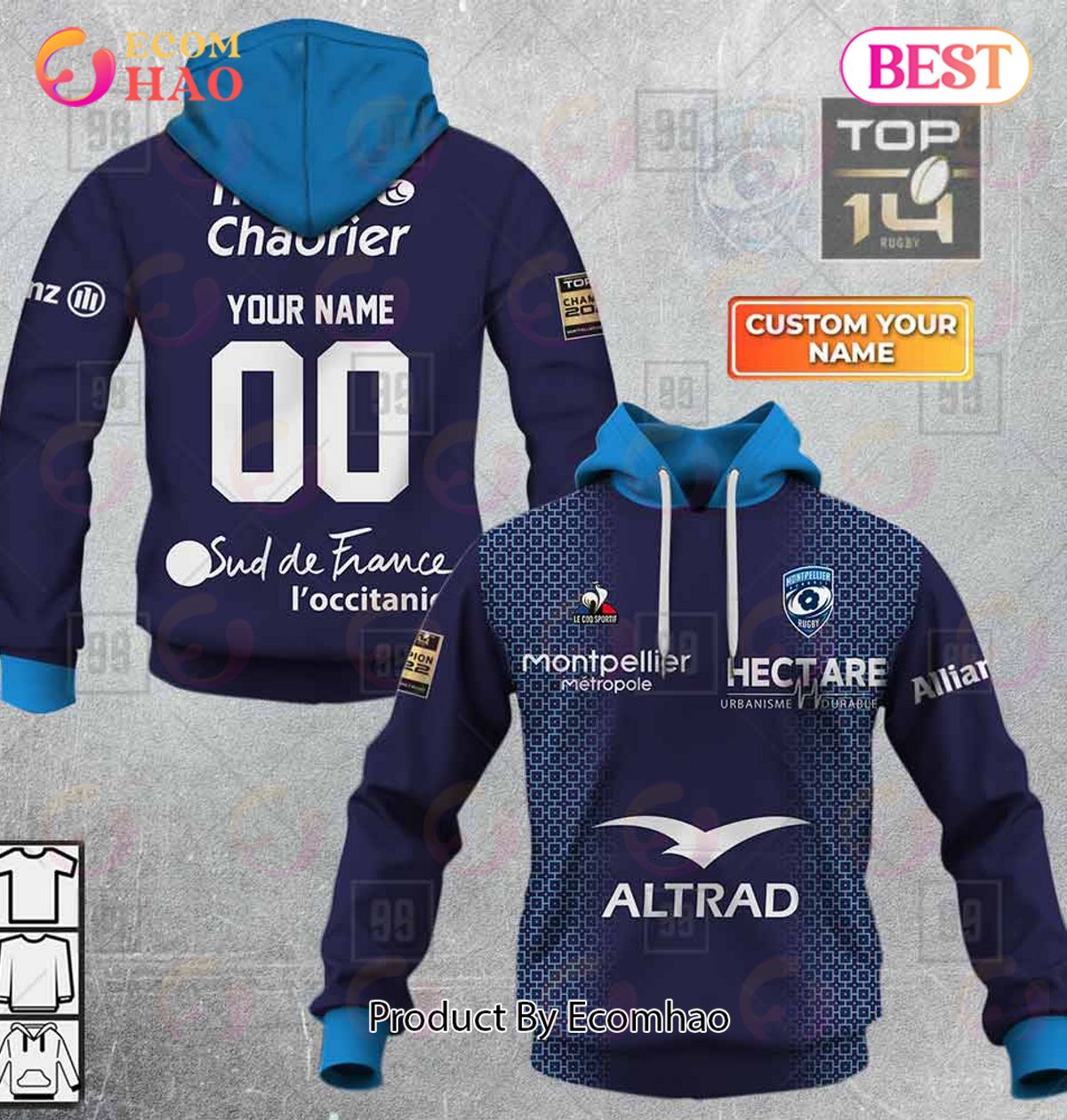 Personalized Top14 Montpellier Herault Rugby 2223 3D Hoodie